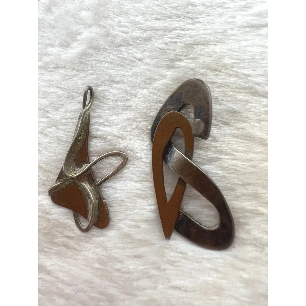 2 Artisan Abstract Pendants Mixed Metal Modernist Handmade Brutalist Copper Art